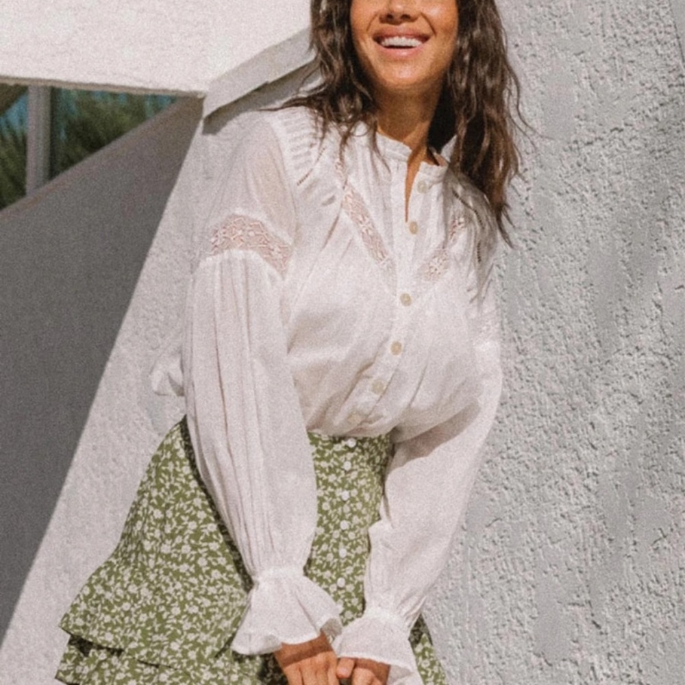 Boho White frill neck button down long sleeve top - Picture 5 of 10